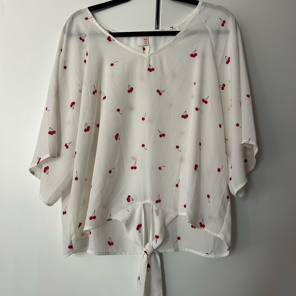 White cherry chiffon front tie shirt